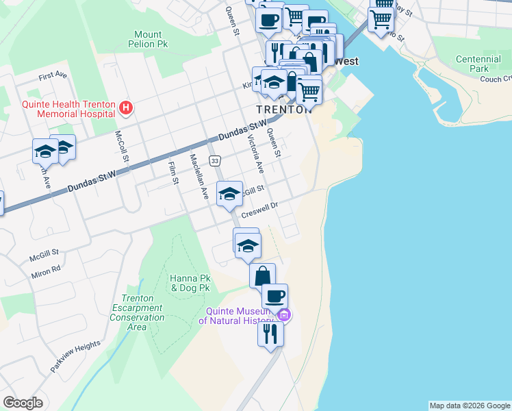 map of restaurants, bars, coffee shops, grocery stores, and more near 94 Creswell Drive in Quinte West