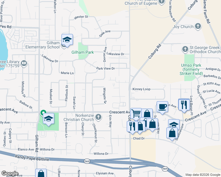 map of restaurants, bars, coffee shops, grocery stores, and more near 2936 Matt Drive in Eugene