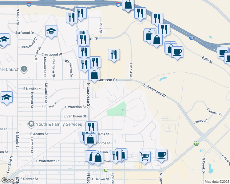 map of restaurants, bars, coffee shops, grocery stores, and more near 725 East Anamosa Street in Rapid City