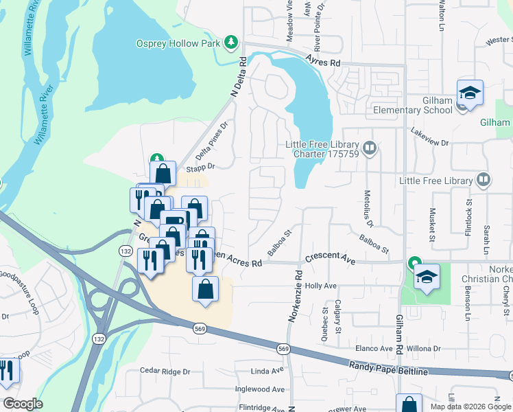 map of restaurants, bars, coffee shops, grocery stores, and more near 1475 Green Acres Road in Eugene