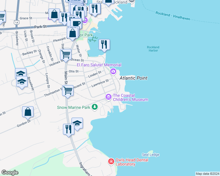 map of restaurants, bars, coffee shops, grocery stores, and more near 17 Pacific Street in Rockland