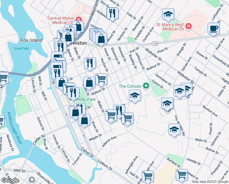 map of restaurants, bars, coffee shops, grocery stores, and more near 124 Horton Street in Lewiston
