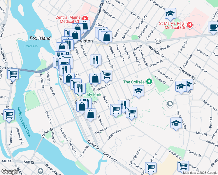 map of restaurants, bars, coffee shops, grocery stores, and more near 135 Bartlett Street in Lewiston