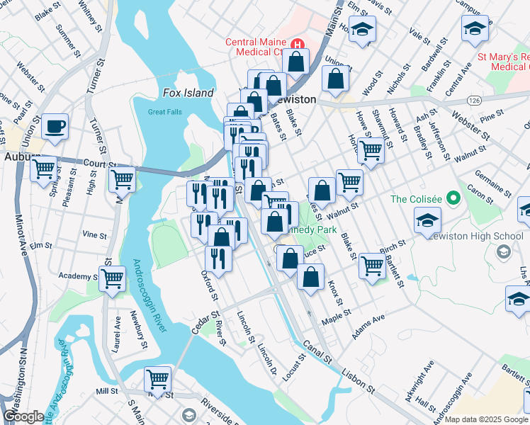 map of restaurants, bars, coffee shops, grocery stores, and more near 191 Maine 196 in Lewiston