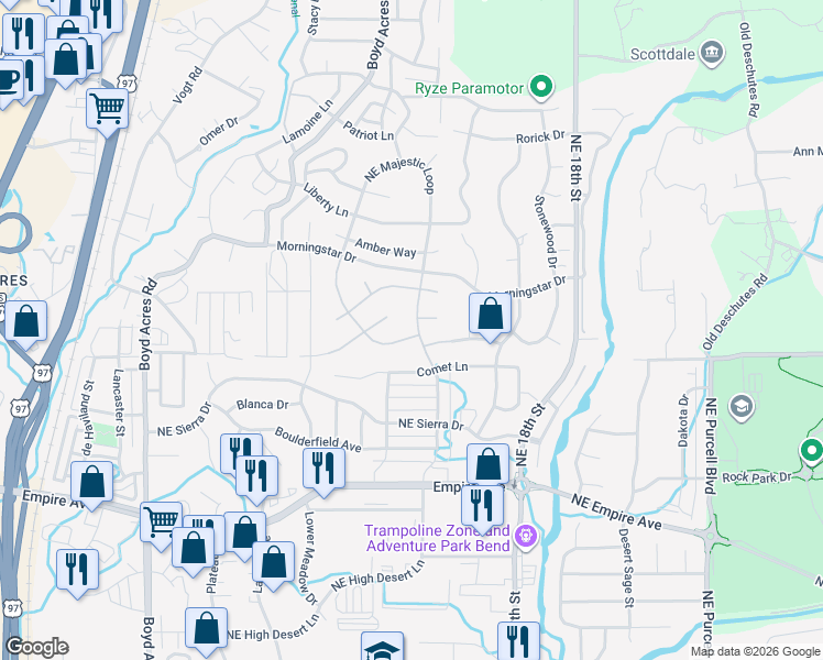 map of restaurants, bars, coffee shops, grocery stores, and more near 63200 Wishing Well Lane in Bend