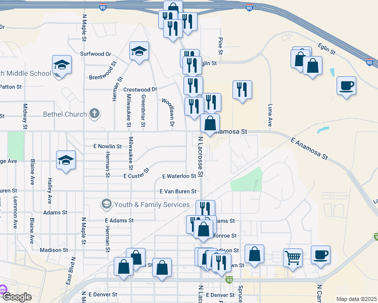 map of restaurants, bars, coffee shops, grocery stores, and more near 1104 Racine Street in Rapid City