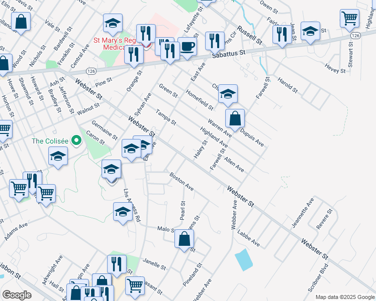 map of restaurants, bars, coffee shops, grocery stores, and more near 244 Webster Street in Lewiston