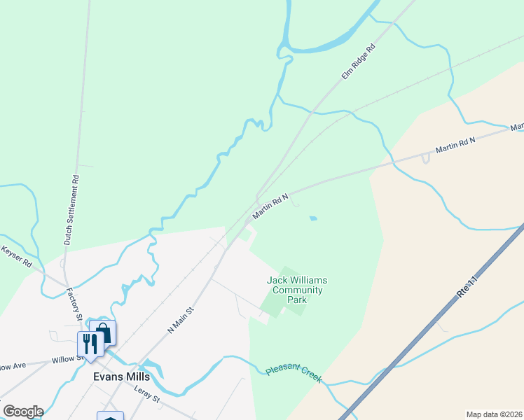 map of restaurants, bars, coffee shops, grocery stores, and more near Elm Ridge Road & Martin Road North in Evans Mills