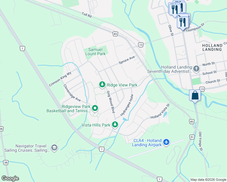 map of restaurants, bars, coffee shops, grocery stores, and more near 72 Charlotte Abby Drive in East Gwillimbury