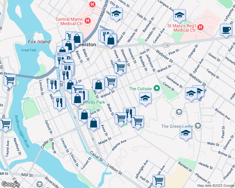map of restaurants, bars, coffee shops, grocery stores, and more near 135 Bartlett Street in Lewiston