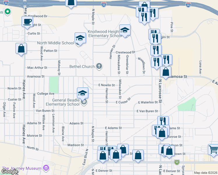 map of restaurants, bars, coffee shops, grocery stores, and more near 201 East Nowlin Street in Rapid City