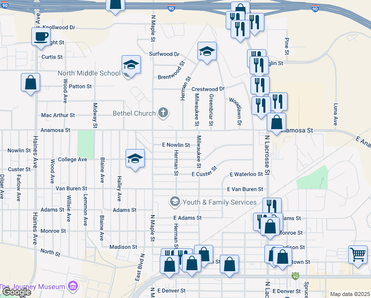 map of restaurants, bars, coffee shops, grocery stores, and more near 209 East Nowlin Street in Rapid City