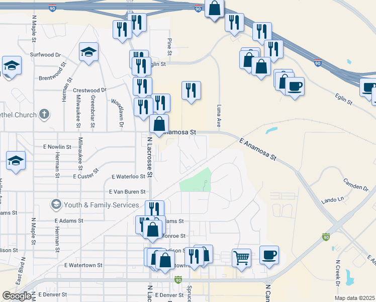 map of restaurants, bars, coffee shops, grocery stores, and more near 725 East Anamosa Street in Rapid City