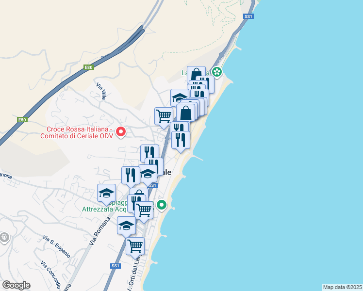 map of restaurants, bars, coffee shops, grocery stores, and more near 59 Via I Maggio in Ceriale