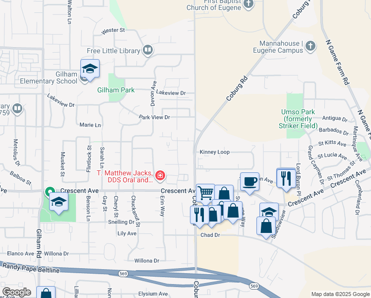 map of restaurants, bars, coffee shops, grocery stores, and more near 2975 Matt Drive in Eugene