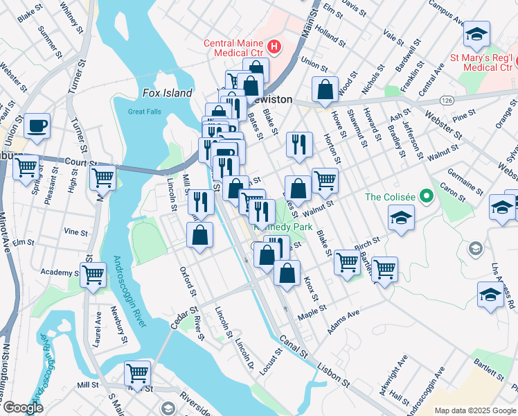 map of restaurants, bars, coffee shops, grocery stores, and more near Pine Street & Park Street in Lewiston