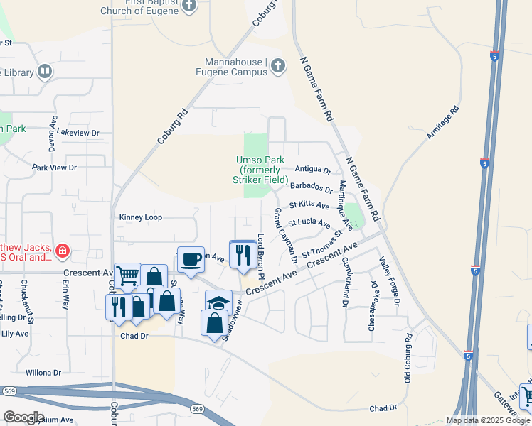 map of restaurants, bars, coffee shops, grocery stores, and more near 3017 Lord Byron Place in Eugene