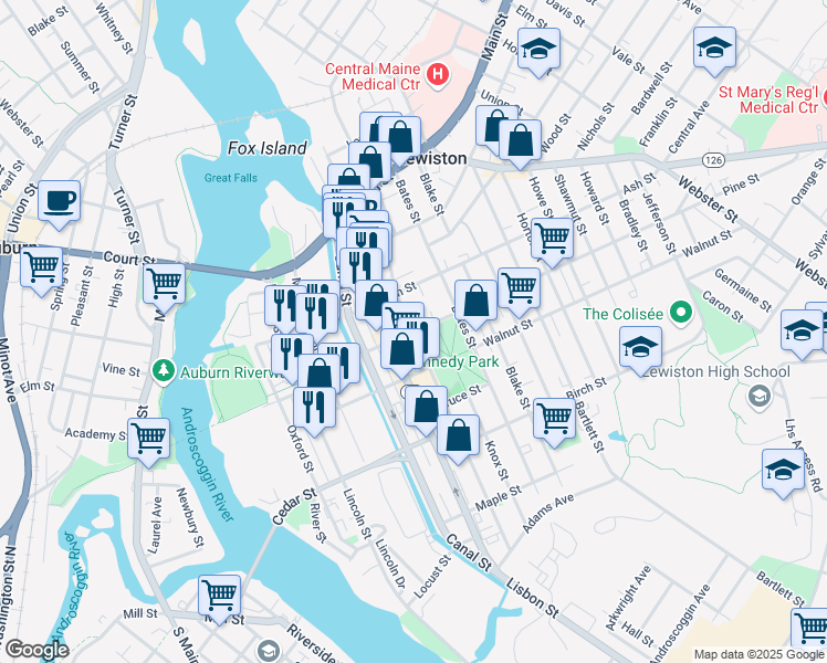 map of restaurants, bars, coffee shops, grocery stores, and more near Pine Street & Park Street in Lewiston