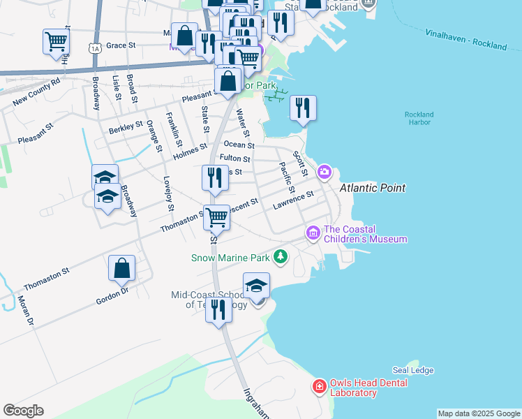map of restaurants, bars, coffee shops, grocery stores, and more near 51 Suffolk Street in Rockland