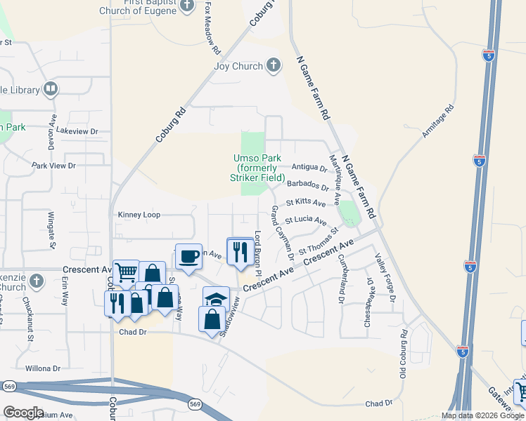 map of restaurants, bars, coffee shops, grocery stores, and more near 3017 Lord Byron Place in Eugene