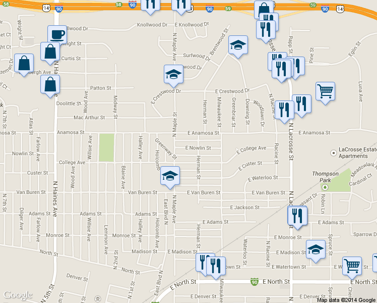 map of restaurants, bars, coffee shops, grocery stores, and more near 121 East Nowlin Street in Rapid City