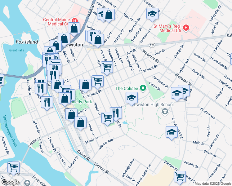 map of restaurants, bars, coffee shops, grocery stores, and more near 124 Horton Street in Lewiston