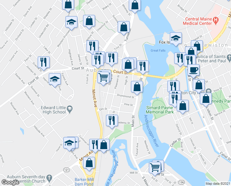 map of restaurants, bars, coffee shops, grocery stores, and more near 57 Drummond Street in Auburn