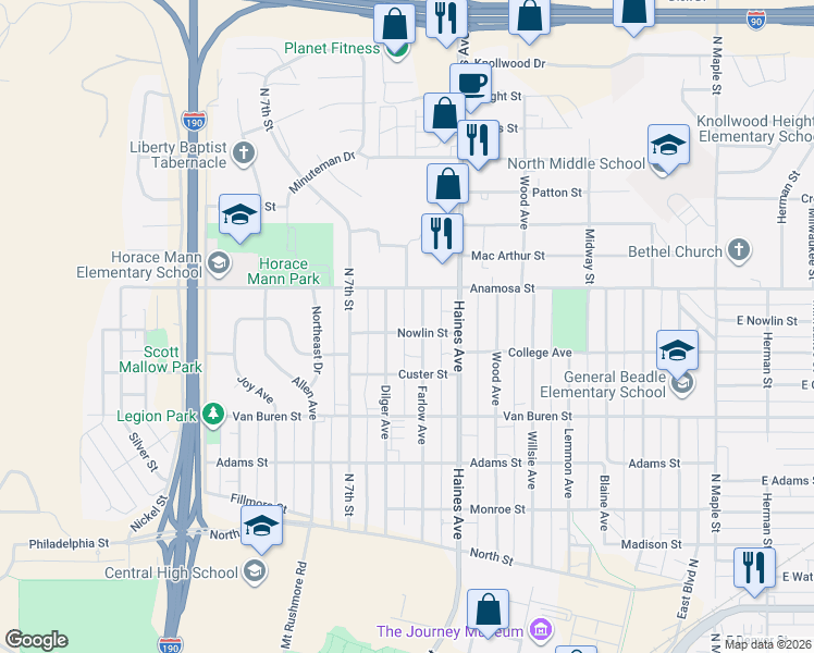 map of restaurants, bars, coffee shops, grocery stores, and more near 534 Nowlin Street in Rapid City