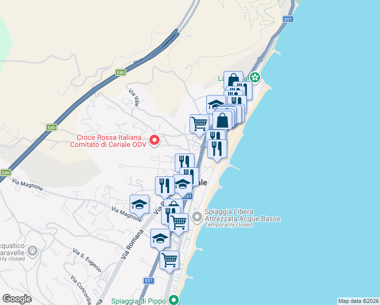 map of restaurants, bars, coffee shops, grocery stores, and more near 45 Via Pontetto in Ceriale