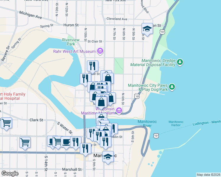 map of restaurants, bars, coffee shops, grocery stores, and more near 712 Chicago Street in Manitowoc