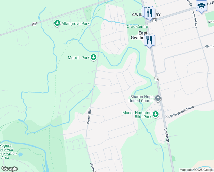 map of restaurants, bars, coffee shops, grocery stores, and more near Kavanagh Avenue in East Gwillimbury