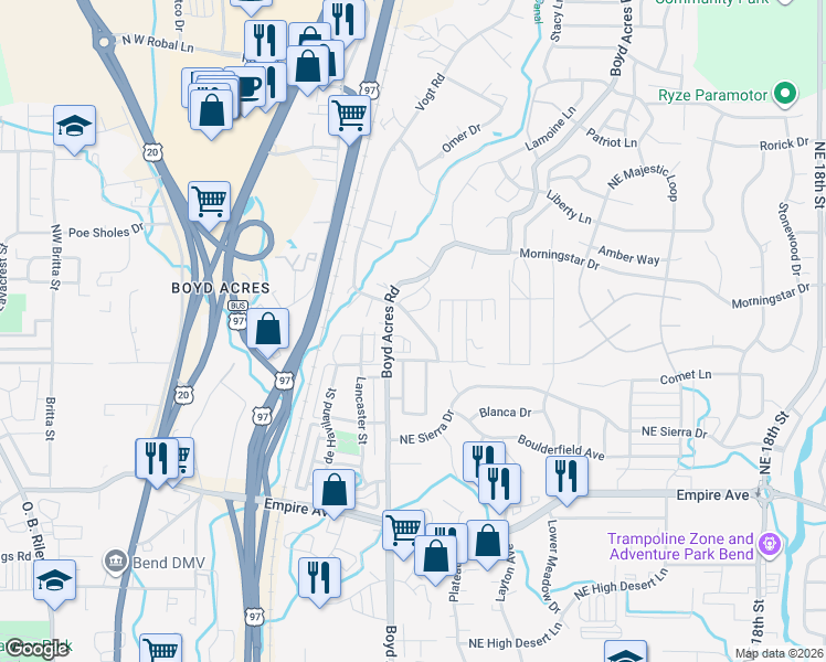 map of restaurants, bars, coffee shops, grocery stores, and more near 20593 Fred Meyers Road in Bend