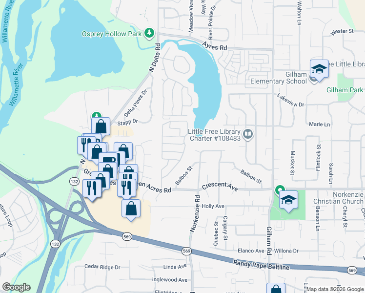 map of restaurants, bars, coffee shops, grocery stores, and more near 2914 Norkenzie Road in Eugene