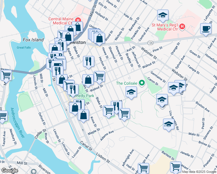 map of restaurants, bars, coffee shops, grocery stores, and more near 135 Bartlett Street in Lewiston