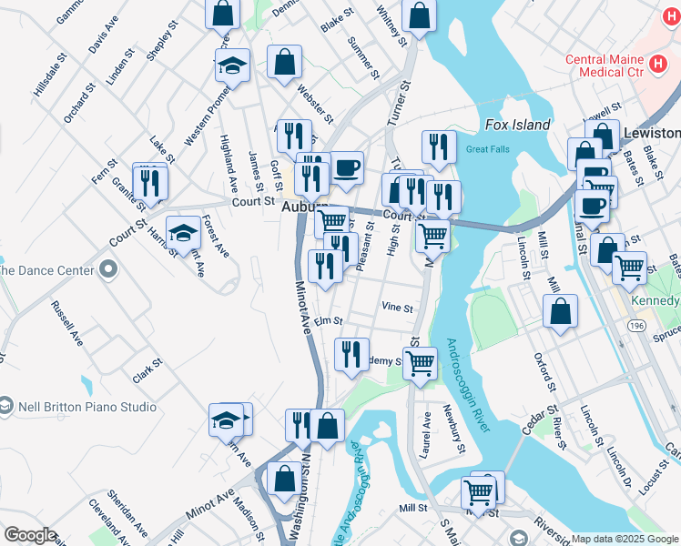 map of restaurants, bars, coffee shops, grocery stores, and more near 121 Spring Street in Auburn