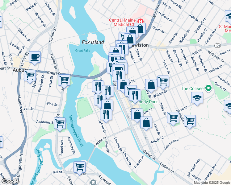 map of restaurants, bars, coffee shops, grocery stores, and more near 67 Canal Street in Lewiston