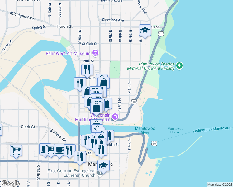 map of restaurants, bars, coffee shops, grocery stores, and more near 606 Chicago Street in Manitowoc