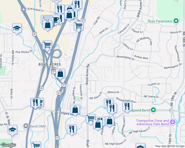 map of restaurants, bars, coffee shops, grocery stores, and more near 20593 Fred Meyers Road in Bend