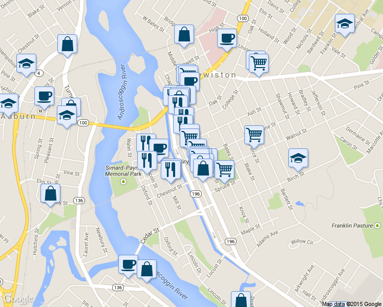 map of restaurants, bars, coffee shops, grocery stores, and more near 190 Lisbon Street in Lewiston