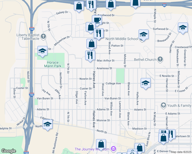 map of restaurants, bars, coffee shops, grocery stores, and more near 1106 Haines Avenue in Rapid City