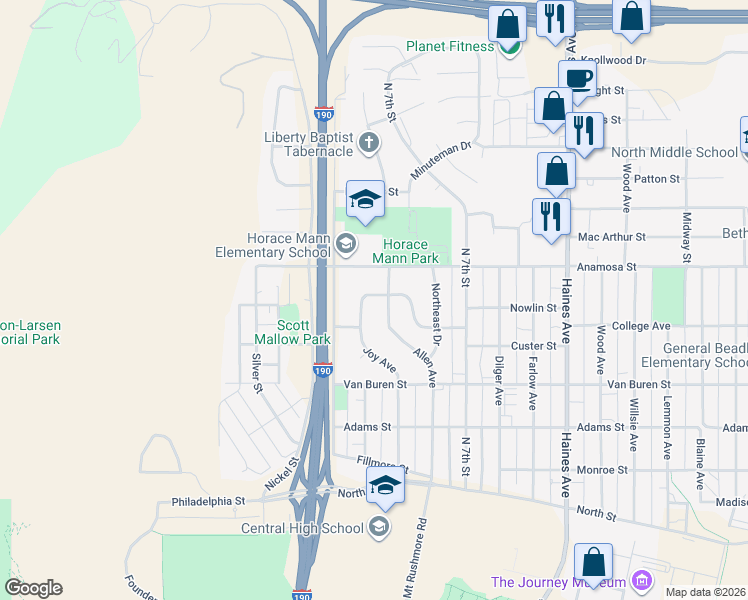 map of restaurants, bars, coffee shops, grocery stores, and more near 1020 Joy Avenue in Rapid City