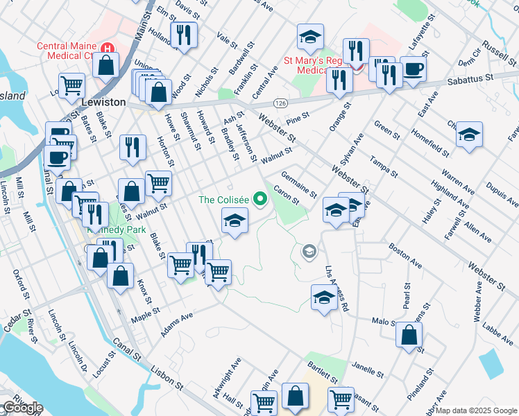 map of restaurants, bars, coffee shops, grocery stores, and more near 190 Birch Street in Lewiston