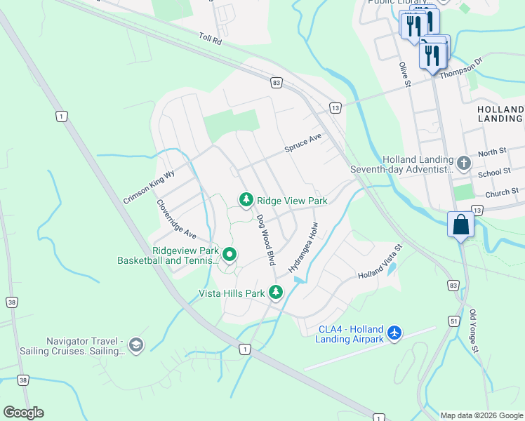 map of restaurants, bars, coffee shops, grocery stores, and more near 111 Dog Wood Boulevard in East Gwillimbury