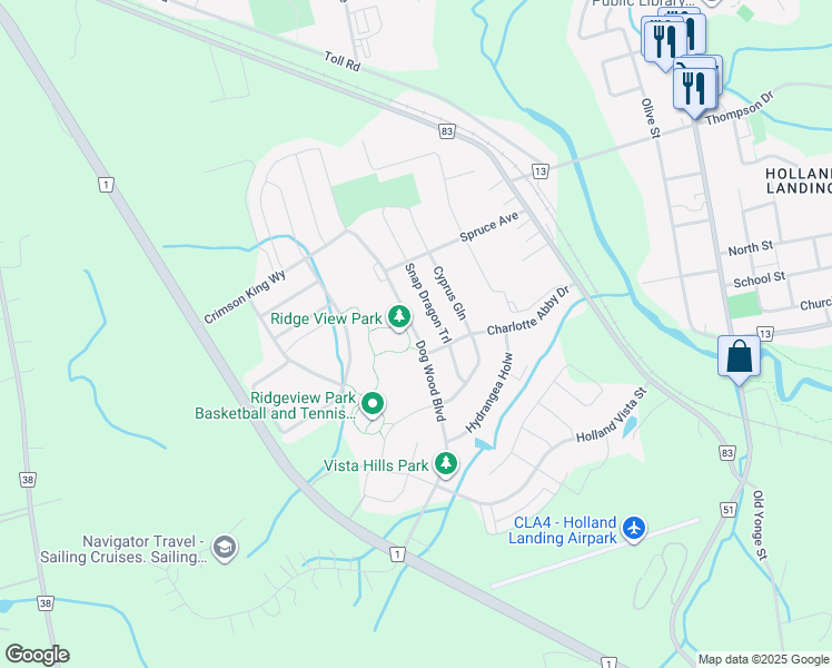 map of restaurants, bars, coffee shops, grocery stores, and more near Dog Wood Boulevard in East Gwillimbury