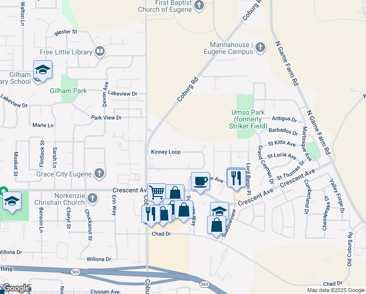 map of restaurants, bars, coffee shops, grocery stores, and more near 3210 Kinney Loop in Eugene