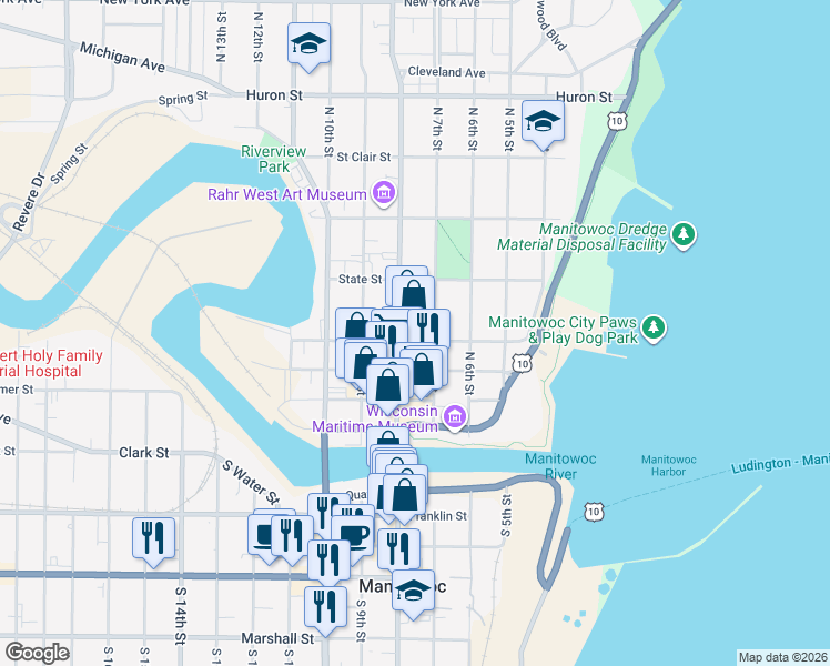 map of restaurants, bars, coffee shops, grocery stores, and more near 712 Chicago Street in Manitowoc