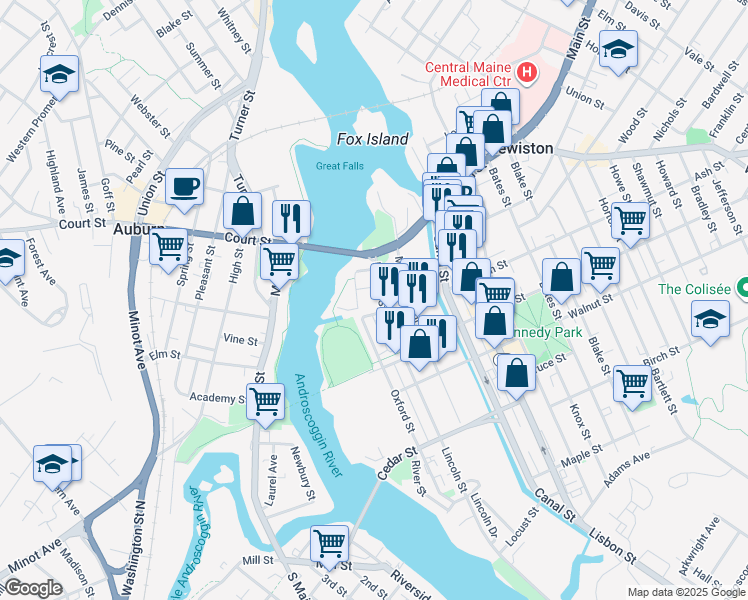 map of restaurants, bars, coffee shops, grocery stores, and more near 41 Lincoln Street in Lewiston