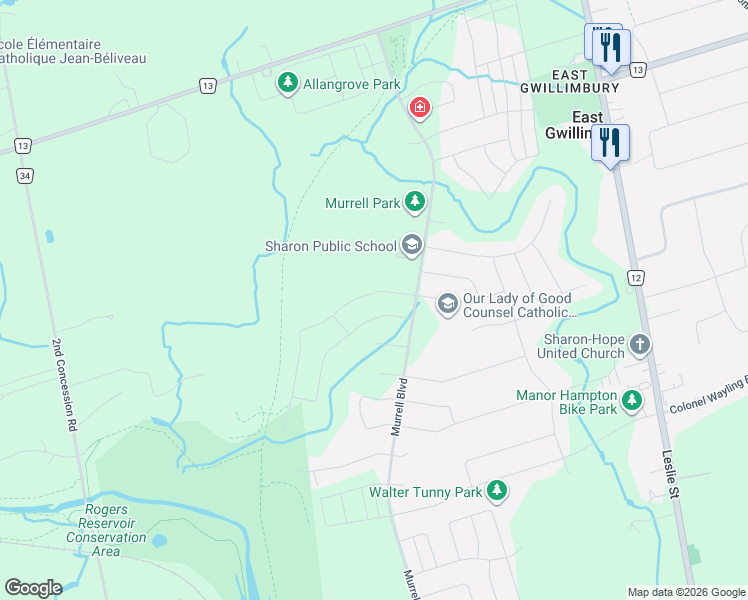 map of restaurants, bars, coffee shops, grocery stores, and more near 21 Charles White Court in East Gwillimbury