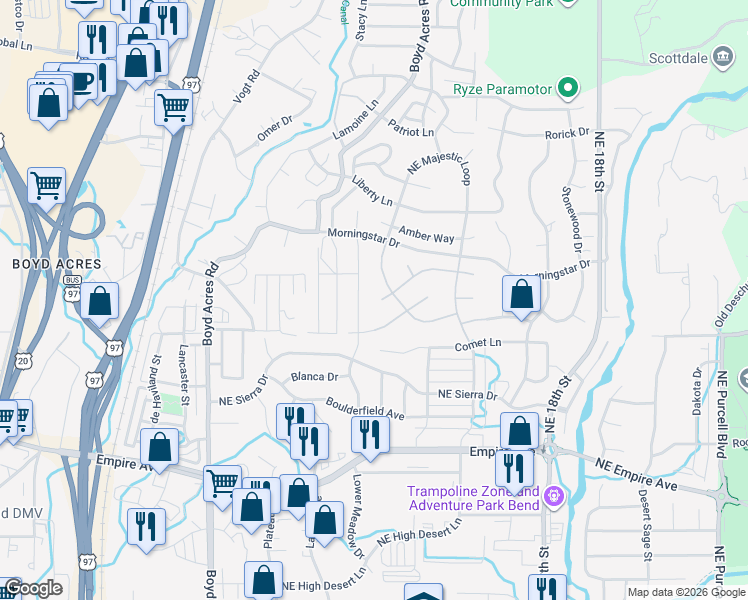 map of restaurants, bars, coffee shops, grocery stores, and more near 20700 Wishing Well Court in Bend