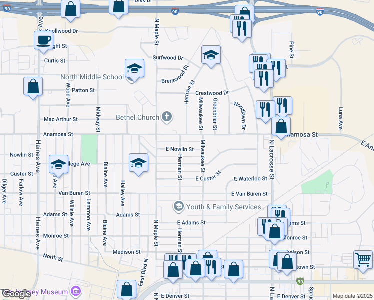 map of restaurants, bars, coffee shops, grocery stores, and more near 209 East Nowlin Street in Rapid City